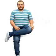casual seated male with bottle sticker