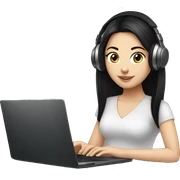 white girl with black hair working on laptop with headphones sticker