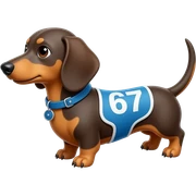 A brown dachshund with the blue number 67 sticker