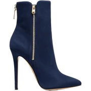 Hyper Realistic isolated side view,  Michael Kors navy blue suede, luxury pair of stiletto ankle bootie boots, detailed zipper sticker