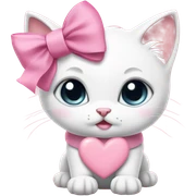 white kitten wearing pink collar with heart shaped bow and a pink ribbon bow on her head sticker