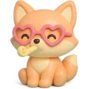 baby fox with heart glasses blowing party horn in vinyl figure style sticker