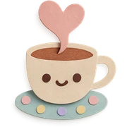 coffee cup with heart-shaped steam, kawaii style, pastel polka dot background sticker