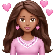 Barbie girl and  makeup , brown long straight wavy hair and brown eyes is In pale pink clothes There are pink hearts all around sticker