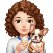  girl with brown curly hair holding cream colored french bulldog  sticker