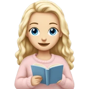 Pretty blue eyed white girl with light pink sweater reading cozy sticker