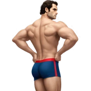 Henry cavill in a jock, backwards view, stretching glutes sticker