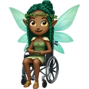 Female, forest fairy, fairy wings, African, pointed elf ears, box braid hair, vines, holding medieval sword, sitting in wheelchair sticker