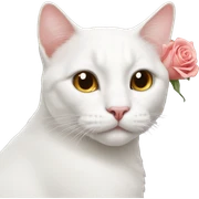 A white cat with rose nose sticker