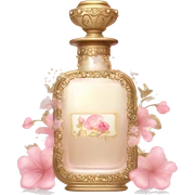 Vintage perfume bottle in antique Greek style, white, pink and beige, oil perfume inside, sequins and flowers fluttering around sticker