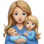 young woman with long straight light brown hair, side bangs, and blue eyes. She is holding a 1 year old baby girl with blond curly hair and blue eyes  sticker