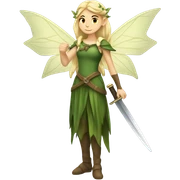 Female forest fairy, wings, pointed elf ears, blonde hair, vines, holding medieval sword sticker