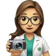 Girl, with brown hair and brown eyes, she holds camera in left hand and laboratory things in left hand sticker
