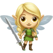 Female forest fairy, wings, pointed elf ears, blonde hair, vines, holding medieval sword sticker