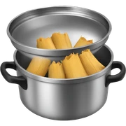 Stainless steel pot with black handlers, tamales inside sticker