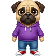 Pug wearing a purple hoodie with blue jeans and red shoes  sticker