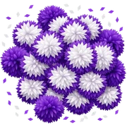 Purple and white pom-poms with white confetti sticker