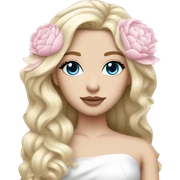 White bride with long light blonde hair and blue eyes with light pink peonies in hair white skin light pink lips sticker