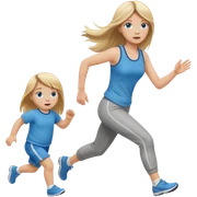 full length of a young woman with long straight dirty blonde hair, side bangs, and blue eyes. She is running behind a 1 year old baby girl sticker