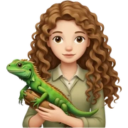 girl with wavy/curly light brown long hair, holding an iguana  sticker