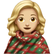 white female, long dirty blonde hair, wearing a patterned christmas blanket sticker