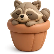 sleepy raccoon inside a flower pot, pastel earthy colors, cushion style sticker