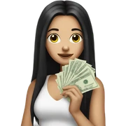 White girl with long black hair holding money money sticker