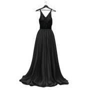 Extravagant maxi sparkling silk dress in black colour on hanger sticker