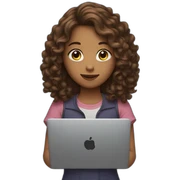 girl with long curly brown hair with a laptop in her hands sticker