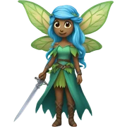 Female, forest fairy, fairy wings, pointed elf ears, ombré blue hair, vines, holding medieval sword sticker