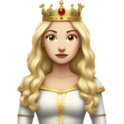 White-skinned woman, long blonde hair, crown on head, serious expression, queen sticker