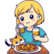 Chica rubia con su gato con una cerveza y su gato Comiendo pizza y ella comiendo croquetas  sticker