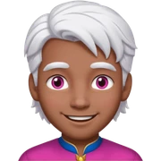 Um homem jovem sem barba, de pele parda, com cabelos médios e brancos como neve, e olhos de iris rosa pink sorrindo sticker