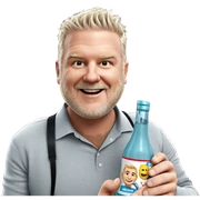 smiling man holding a bottle sticker