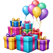 Birthday presents with bows, balloons and glitter paper sticker