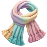 Scarf: pastel colors, with a cozy texture, and tassels on the ends of the scarf. sticker