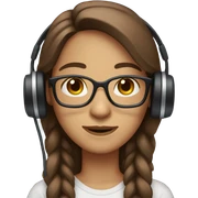 straight long brown hair, middle part, brown eyes, big glasses, and headset sticker