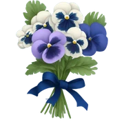 Bouquet composed of blue pansies, navy blue peonies tied with a blue ribbon and in the background navy blue butterflies and blue stars  sticker