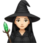 Witch with long black hair, tan skin wearing black robe and black hat sticker