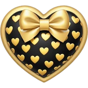 glossy plush black heart with a gold bow and heart pattern on the bow sticker