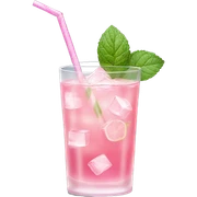 glass of pink lemonade with ice cubes, mint leaves, and a striped pink straw sticker