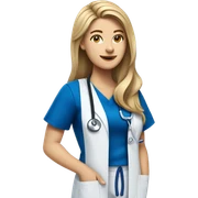 white female nursing school student with long dirty blonde hair in royal blue scrub top and royal blue scrub pants with a stethoscope around her neck sticker