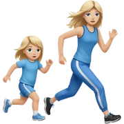 full length of a young woman with long straight dirty blonde hair, side bangs, and blue eyes. She is running behind a 1 year old baby girl sticker