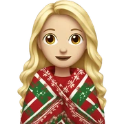 white female, long blonde hair, wearing a patterned christmas blanket sticker