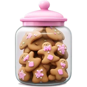 Realistic glass cookie jar with light pink lid full of gingerbread cookies isolated.  sticker