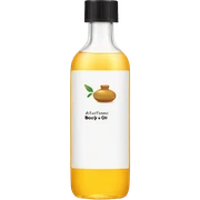 bottle of body oil with label sticker