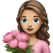 a girl with long brown hair and blue eyes holding a Beautiful bouquet of pink peonies   sticker