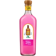 bottle of tequila with pink label sticker