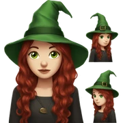 White girl long dark red hair green eyes green witch hat sticker