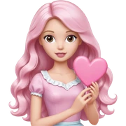White Barbie girl with long wavy dark brown hair holding pale pink heart  sticker